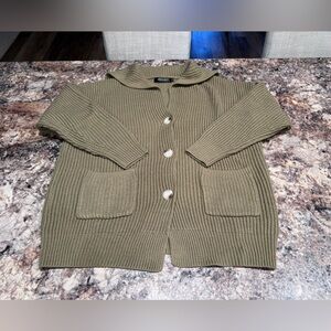 Relaxed Olive Green Ribbed Knit Cardigan